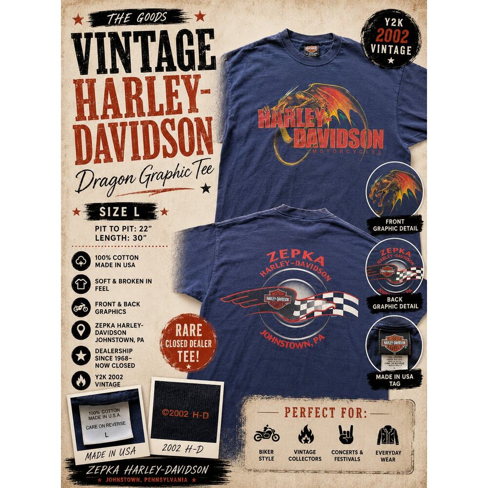 Vintage 2002 Harley Davidson Dragon Tee Zepka Johnstown PA L
